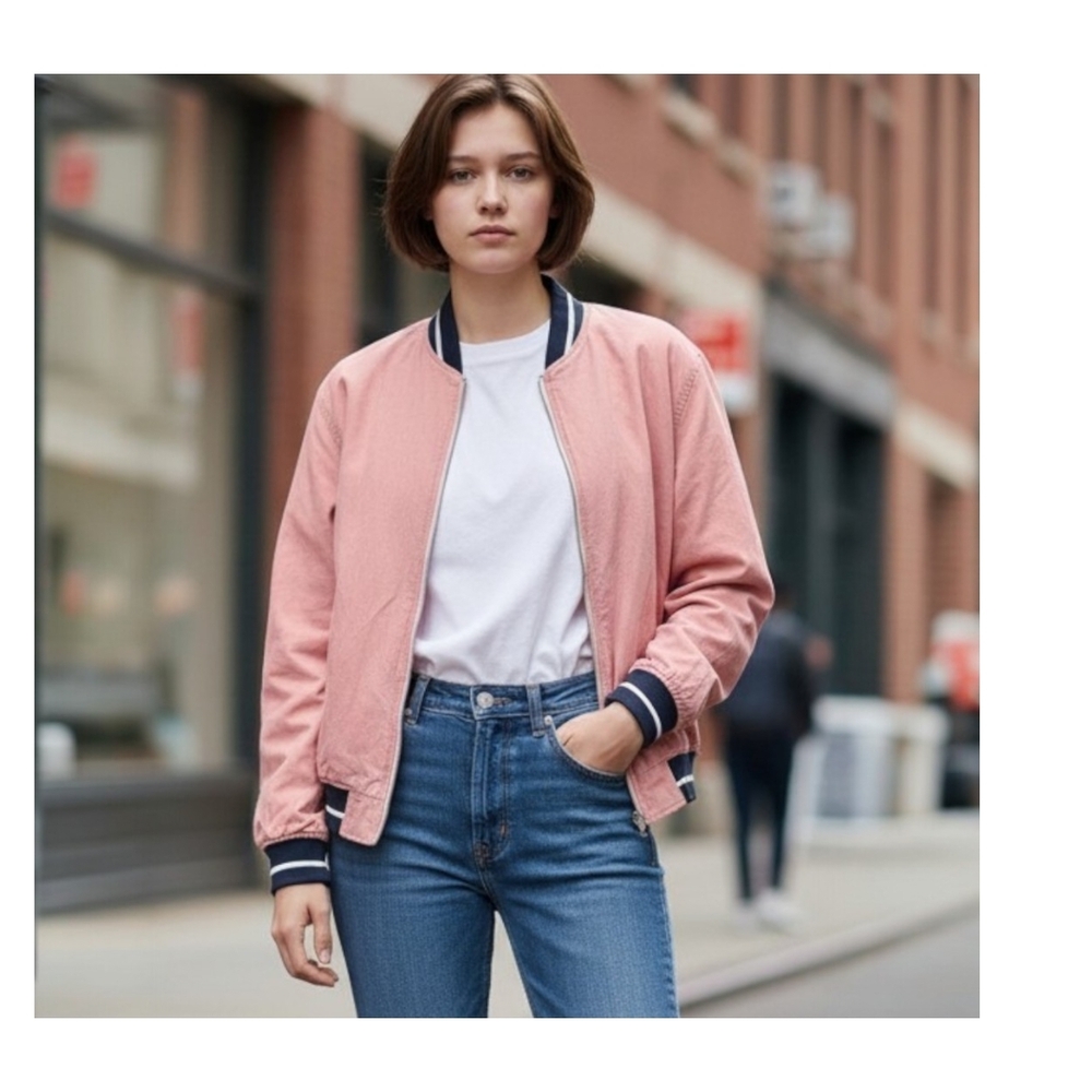Spring Denim & Flower Slouchy Pink Bomber Jacket with Navy Accents XL